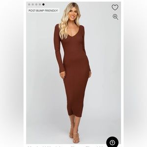 Mocha V-Neck Long Sleeve Fitted Maternity Maxi Dress